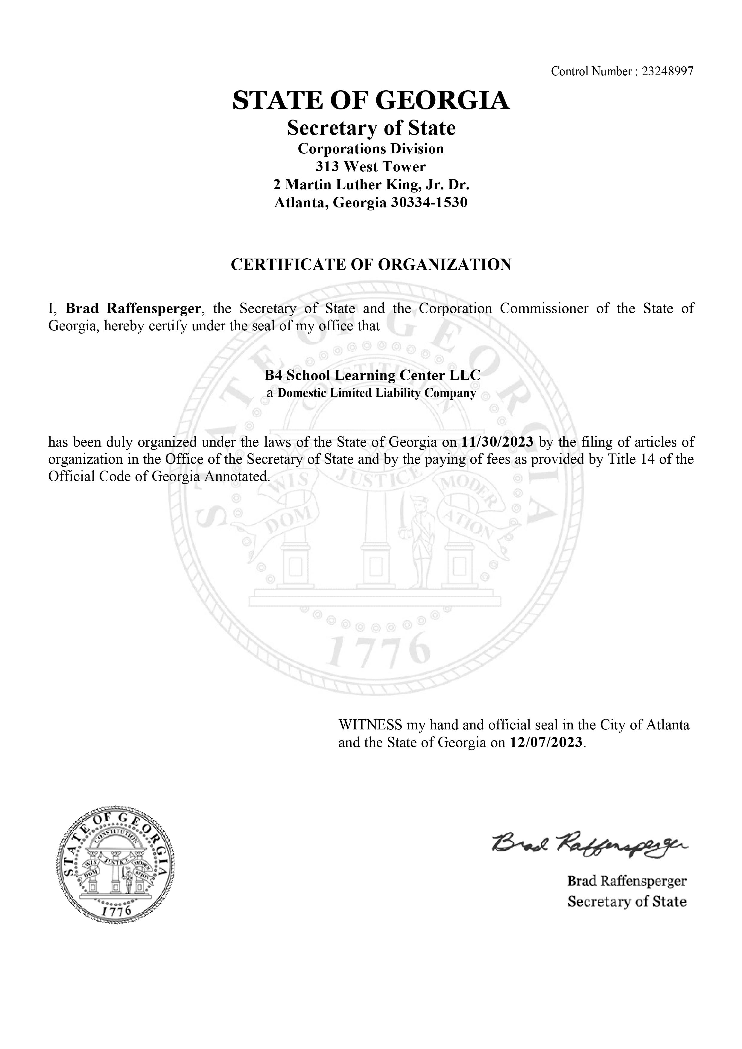 Certificate of Organization